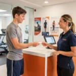 Jeune adolescent remettant sa carte d'adhésion à une hôtesse d'accueil dans un gymnase Basic Fit moderne