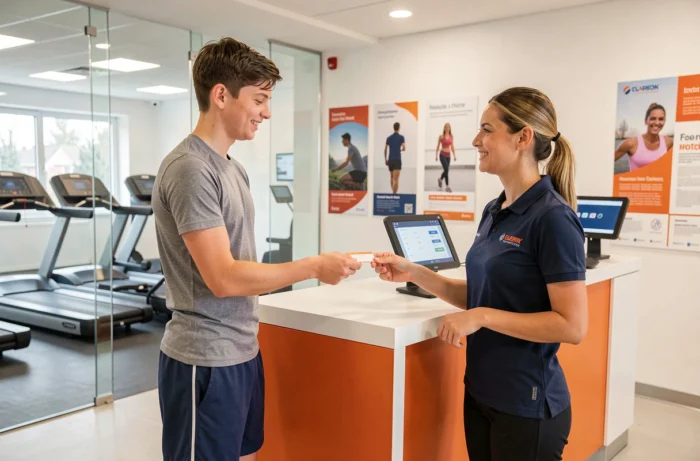 Jeune adolescent remettant sa carte d'adhésion à une hôtesse d'accueil dans un gymnase Basic Fit moderne