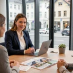 Agent immobilière suisse en blazer marine accueillant des clients dans une agence immobilière moderne à Zurich