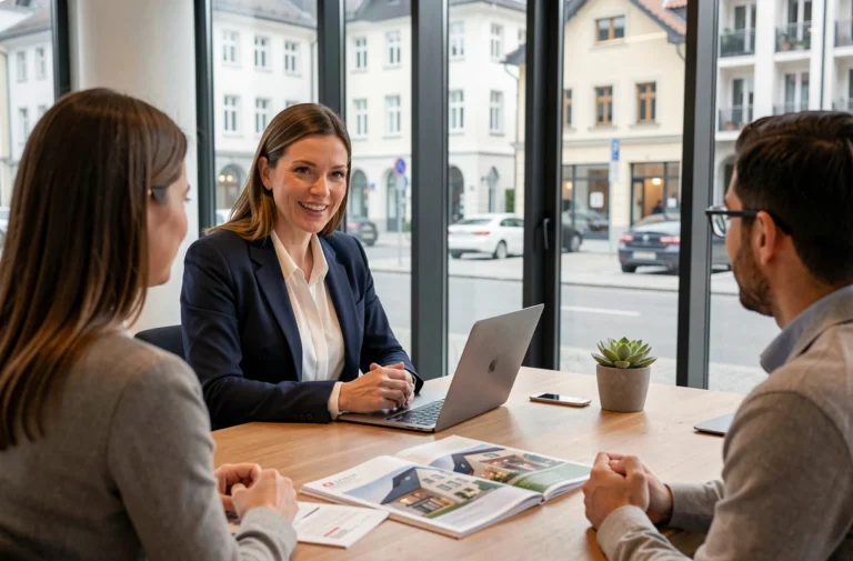 Agent immobilière suisse en blazer marine accueillant des clients dans une agence immobilière moderne à Zurich