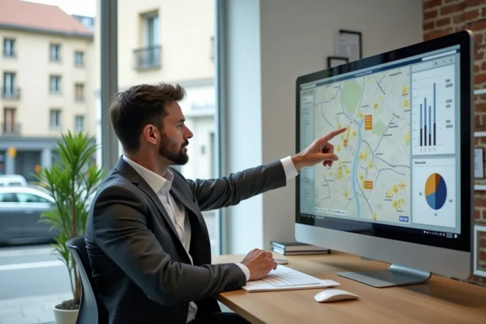 Agent immobilier présentant les tendances du marché immobilier lyonnais sur un écran dans une agence moderne à Lyon