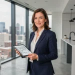 Agent immobilier professionnelle présentant des plans d'appartement moderne avec vue urbaine en 2024