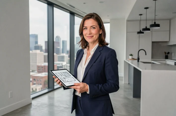 Agent immobilier professionnelle présentant des plans d'appartement moderne avec vue urbaine en 2024