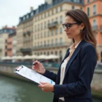 Agent immobilière analysant des annonces sur le quai de Saône à Lyon avec des façades haussmaniennes en arrière-plan