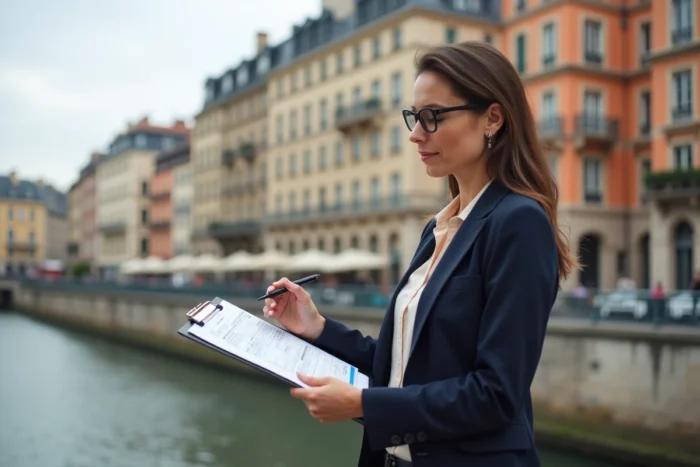 Agent immobilière analysant des annonces sur le quai de Saône à Lyon avec des façades haussmaniennes en arrière-plan