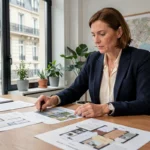 Agente immobilière analysant des annonces et plans dans une agence moderne avec vue sur immeuble haussmannien