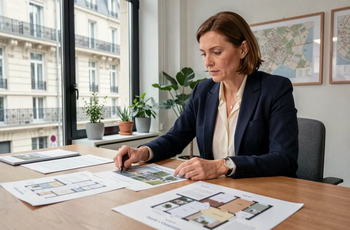 Agente immobilière analysant des annonces et plans dans une agence moderne avec vue sur immeuble haussmannien
