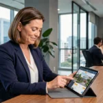 Agente immobilière consultant une plateforme de transaction immobilière en ligne sur une tablette dans un bureau moderne