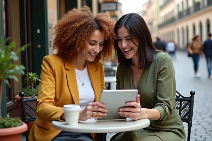 Deux amies comparant des tenues mode sur une tablette en terrasse de café en ville