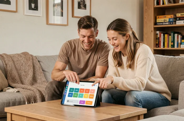 Deux amis souriants jouant ensemble à Pedantix sur une tablette dans un salon cosy