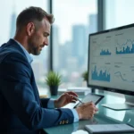 Homme d'affaires en costume marine analysant des graphiques financiers sur écran dans un bureau moderne avec vue sur la ville