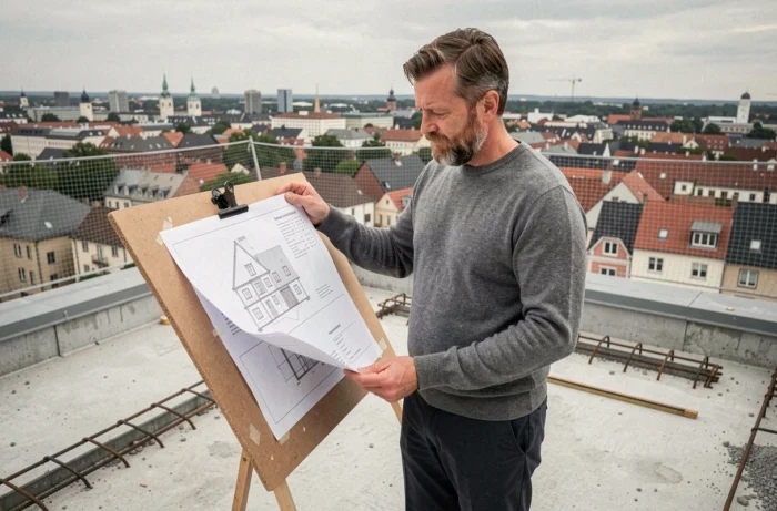 Architecte sur un chantier de construction résidentielle avec vue panoramique sur la ville en 2024