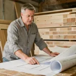 Architecte examinant les plans d'une maison Gablok avec des panneaux en bois préfabriqués empilés en arrière-plan