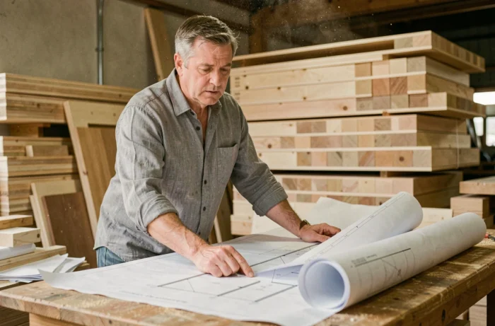 Architecte examinant les plans d'une maison Gablok avec des panneaux en bois préfabriqués empilés en arrière-plan
