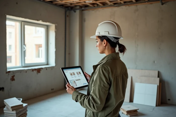 Architecte d'intérieur évaluant l'avancement des travaux de rénovation d'une cuisine avec une tablette numérique