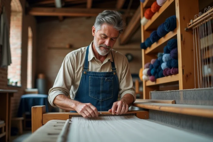 Artisan tisserand travaillant sur un métier à tisser traditionnel avec des fils naturels et synthétiques dans un atelier textile