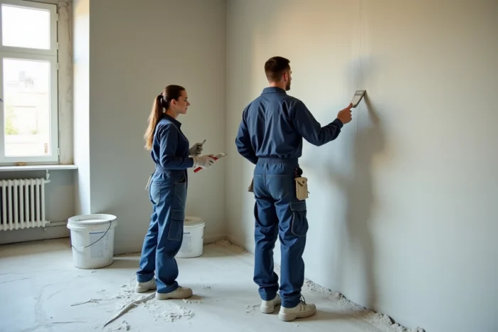 Deux artisans appliquant de l'enduit sur un mur lors de la phase de finition d'un chantier de rénovation immobilière