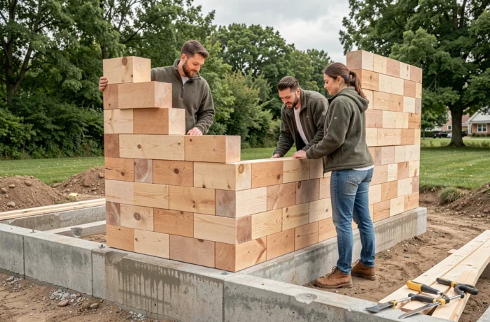 Couple en train d'assembler des blocs en bois Gablok sur les fondations d'une maison en autoconstruction