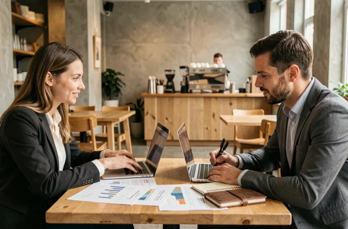 Deux associés collaborant sur la stratégie de lancement de leur business en ligne dans un café moderne