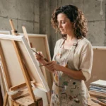 Artiste femme engagée dans son atelier entourée de toiles et de matériel de peinture, regard inspiré et posture créative authentique