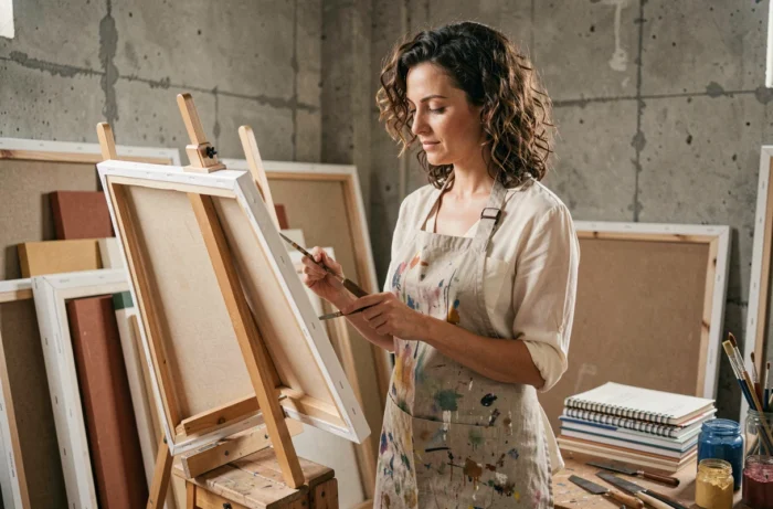 Artiste femme engagée dans son atelier entourée de toiles et de matériel de peinture, regard inspiré et posture créative authentique