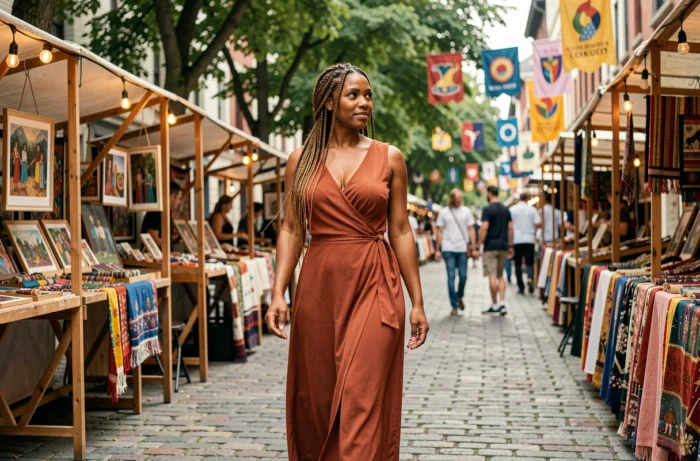 Femme artiste se promenant dans un marché culturel urbain en plein air, entourée d'œuvres artisanales, allure déterminée et naturelle