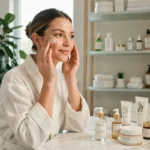 Femme appliquant une crème de soin sur son visage devant une coiffeuse avec des produits de beauté naturels disposés sur du marbre