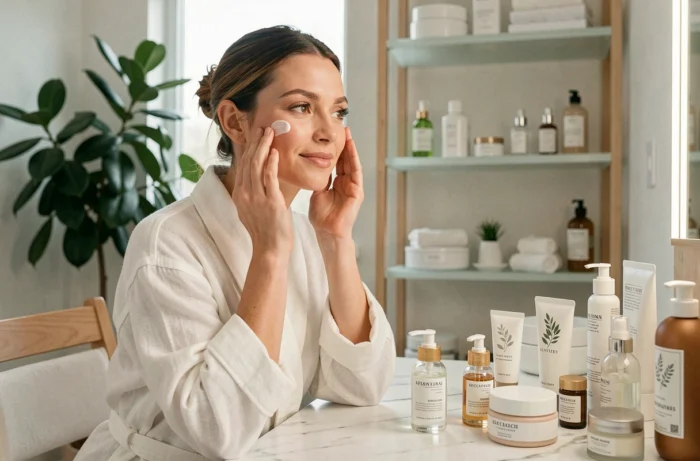 Femme appliquant une crème de soin sur son visage devant une coiffeuse avec des produits de beauté naturels disposés sur du marbre