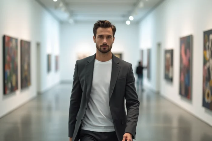 Homme élégant marchant dans une galerie d'art moderne, évoquant les standards de beauté masculine contemporains