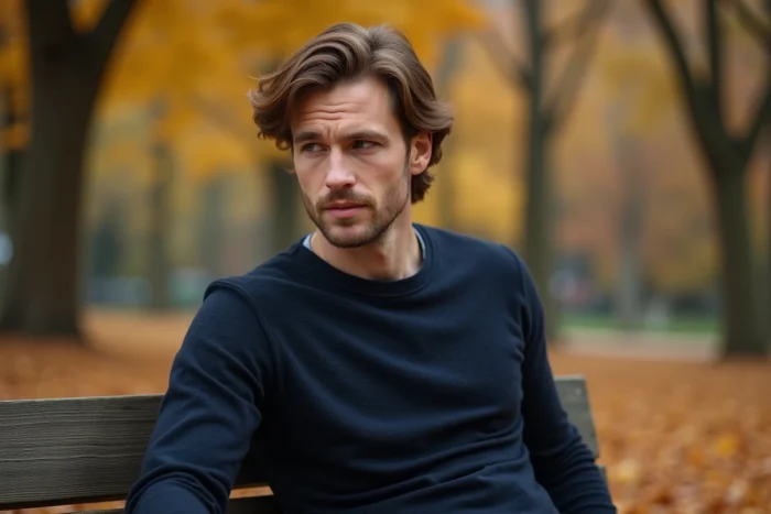 Homme séduisant assis dans un parc en automne, regard pensif, incarnant les idéaux de beauté masculine dans la culture moderne