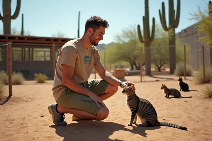 Bénévole prenant soin de chats dans un enclos extérieur d'une association de protection animale en Arizona