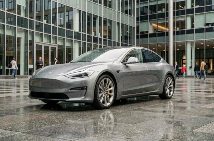 Berline électrique 2024 garée sur une place urbaine moderne avec reflets sur pavé mouillé