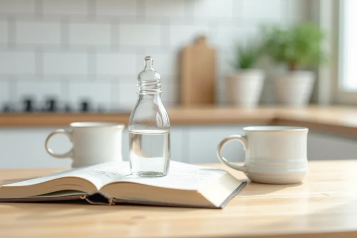 Biberon d'eau minérale pour nourrisson posé sur un plan de travail en bois avec des notes sur la constipation des bébés