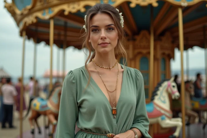 Femme en robe en lin verte portant un collier vintage à pendentif ambre et des ear cuffs de perles devant un manège de guinguette