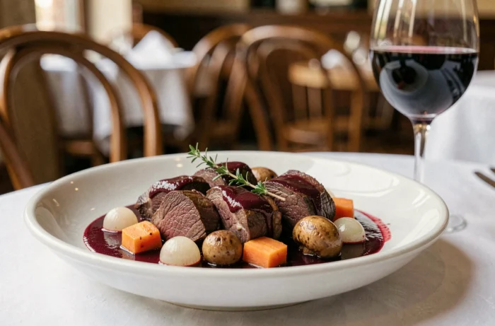 Bœuf bourguignon servi dans un bol en céramique avec un verre de vin rouge au bistrot