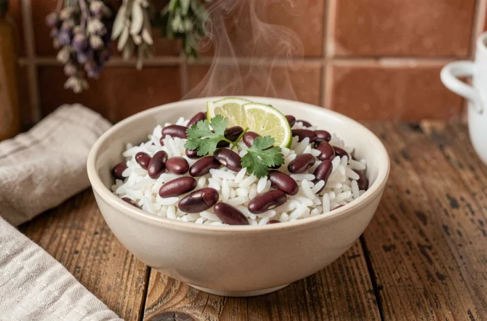 Bol de riz blanc et haricots rouges servi dans une cuisine rustique avec coriandre fraîche et citron vert
