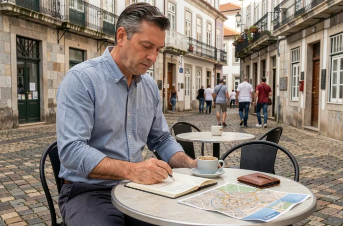 Homme consultant ses notes de budget pour un séjour longue durée au Portugal dans une place traditionnelle de Porto