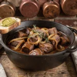 Carbonade flamande maison mijotée dans une cocotte en fonte sur une table en chêne rustique