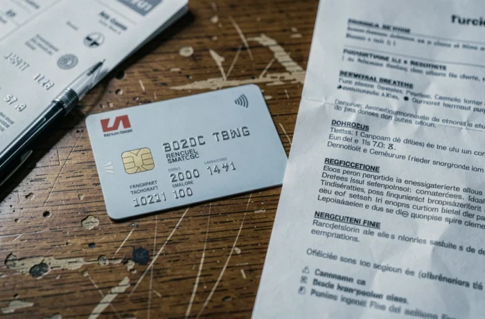 Carte conducteur de tachygraphe posée sur un bureau avec un procès-verbal d'amende et un guide de réglementation transport, symbolisant les sanctions pour conduite sans carte conducteur en France