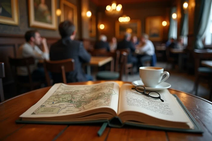 Carte postale historique sur un guide vintage et une carte illustrée dans un café ancien à l'atmosphère culturelle