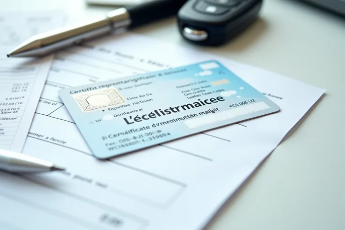 Gros plan sur une carte grise française posée sur un bureau avec une clé de voiture chez Leclerc Auto