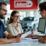 Une cliente remet ses documents de carte grise à un conseiller chez Leclerc Auto