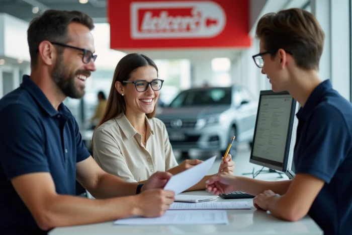 Une cliente remet ses documents de carte grise à un conseiller chez Leclerc Auto