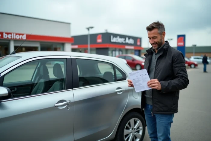 Un homme tient sa nouvelle carte grise devant sa voiture dans le parking Leclerc Auto