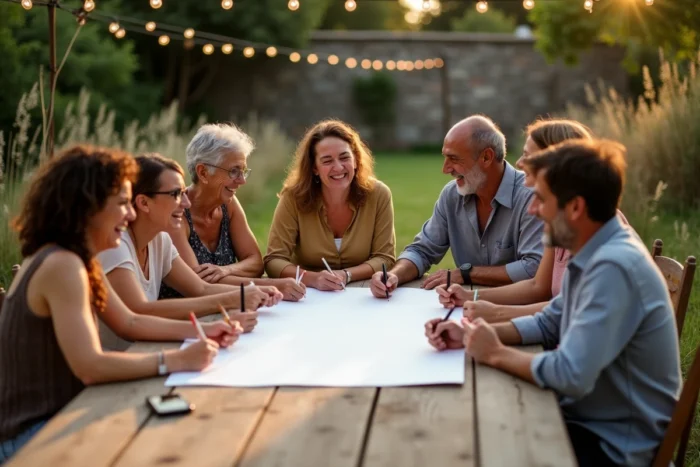 Groupe d'adultes signant ensemble une carte solidaire collective autour d'une table en bois dans un jardin