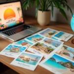 Bureau en bois avec cartes postales colorées, globe vintage et ordinateur affichant une carte de vacances virtuelle