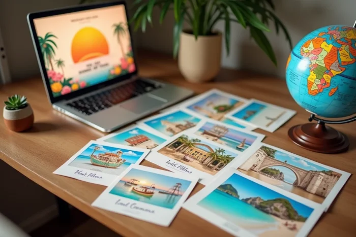 Bureau en bois avec cartes postales colorées, globe vintage et ordinateur affichant une carte de vacances virtuelle