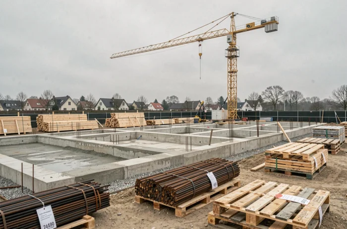 Chantier de construction résidentiel avec matériaux et grue, illustrant la baisse potentielle des prix des matériaux en 2026