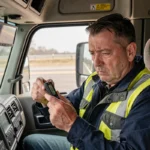 Chauffeur de camion tenant sa carte conducteur de tachygraphe dans la cabine d'un poids lourd, illustrant les obligations légales de la carte conducteur en France