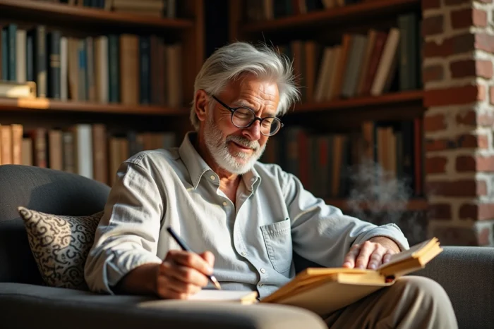 Homme en train d'écrire une citation d'auteur dans un carnet entouré de livres dans un espace de lecture cosy
